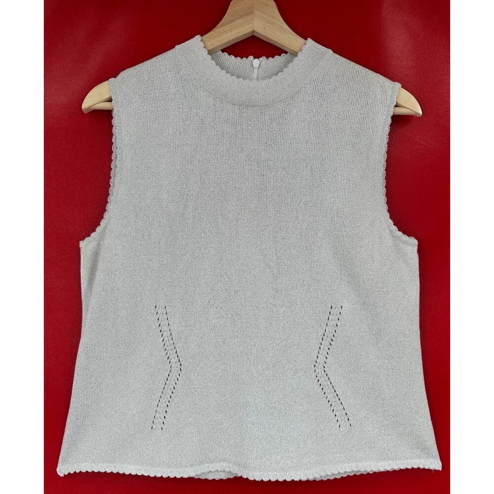 St John Basics Silver Knit Metallic Sheen Sleeveless Tank Top Size Large